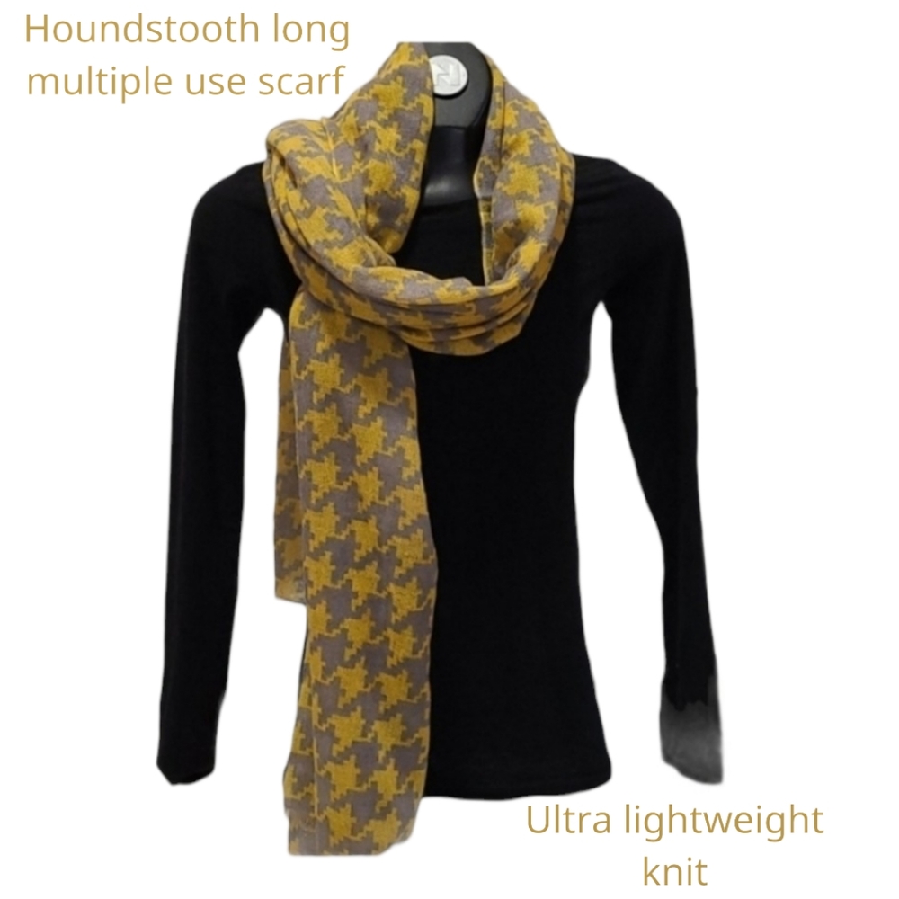 Artisan Women's semi sheer houndstooth knit fringe scarf grey yellow O/S